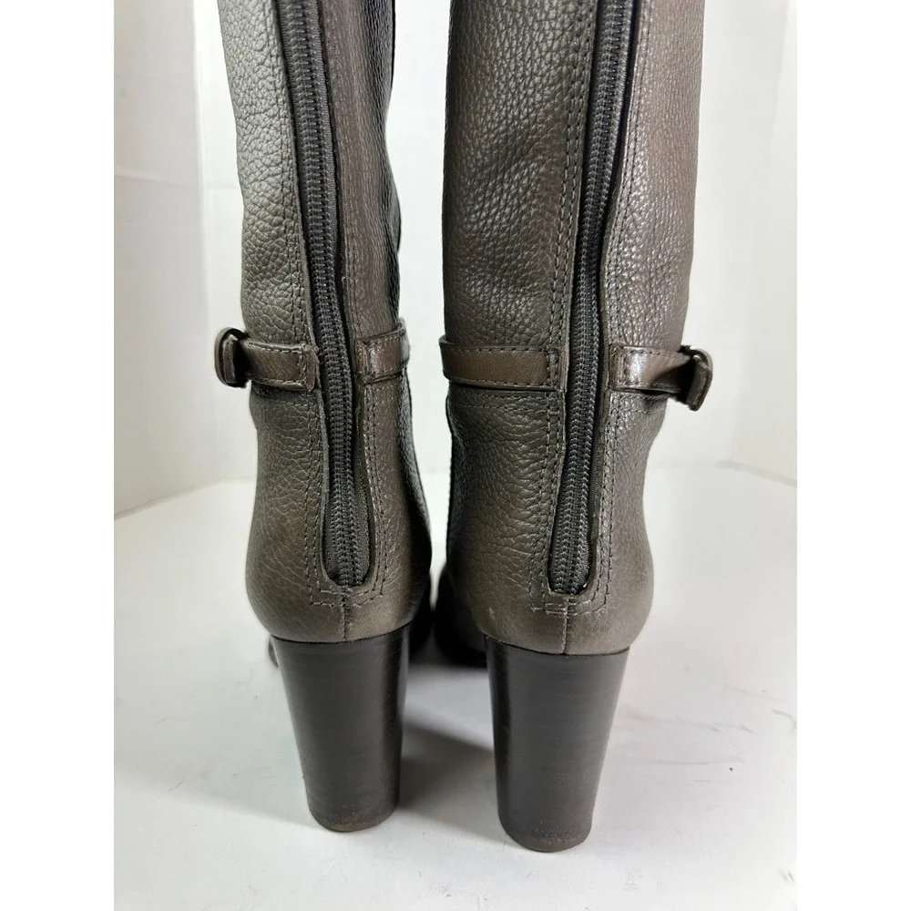 Tory Burch Pebbled Leather Zip Tall Block Heel Buckle Boots Gray 6M Quiet Luxury